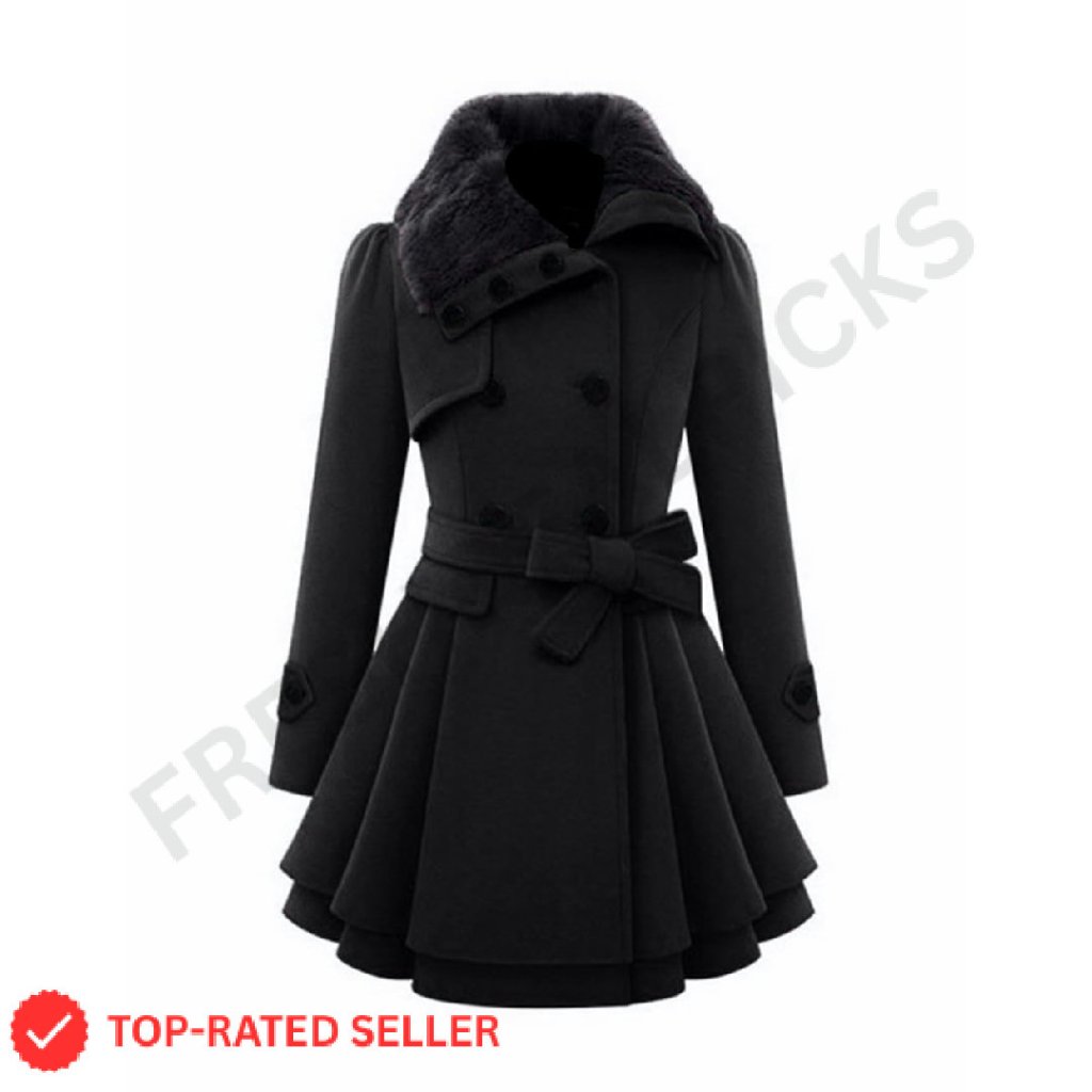 Faux Fur Lapel Wool Blend Trench Coat Double-Breasted Elegant Chic Winter